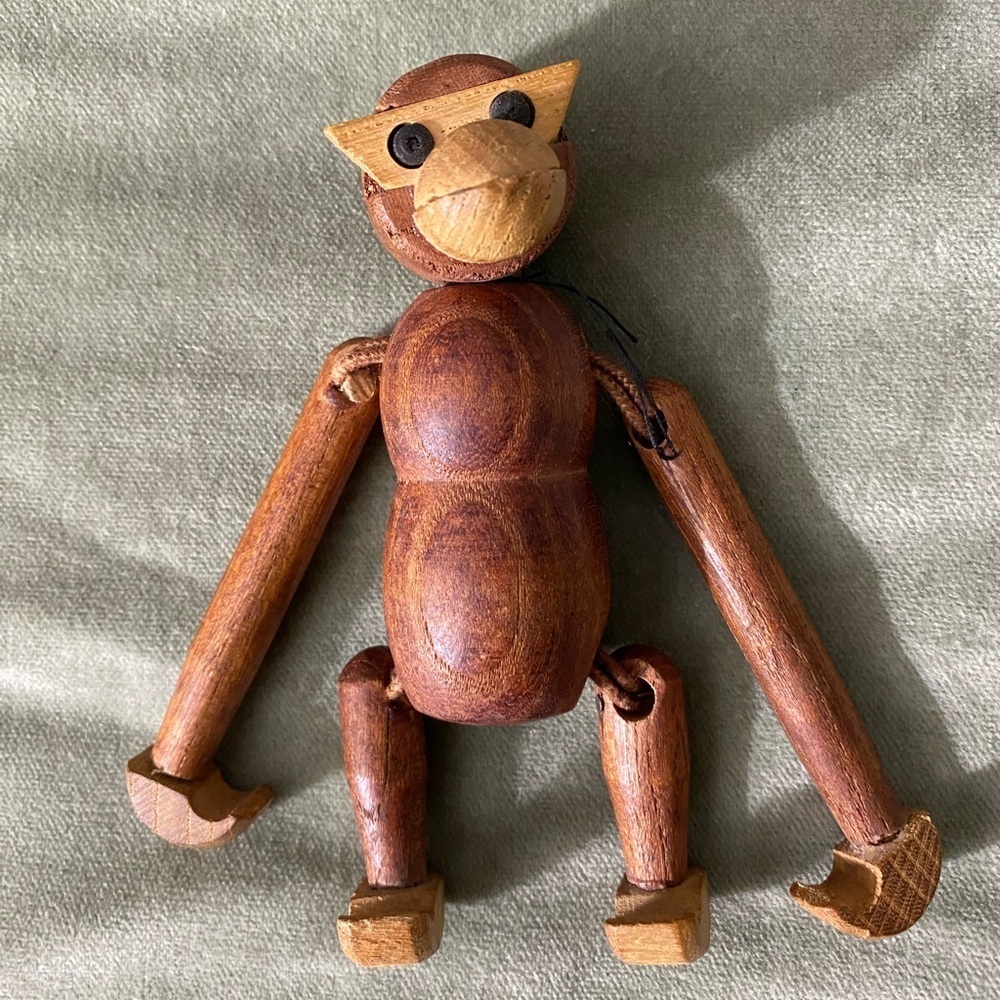 Wooden monkey with movable limbs has missing ears able to hang by hands feet #15